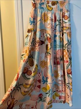 Linen Stretch Beautiful Pink Print Stretch Waistband Side Pockets Skirt NWOT